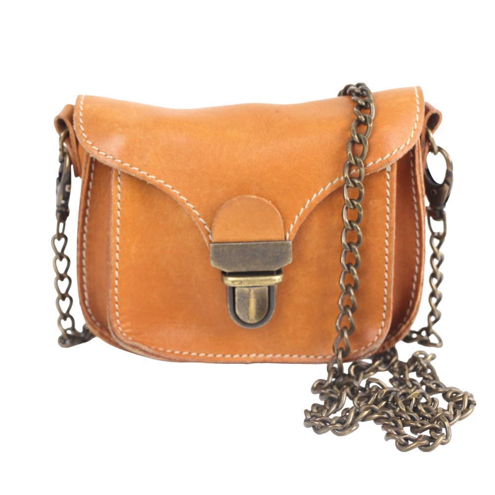 Roots TAN BROWN GENUINE LEATHER CHAIN FLAP X-BODY SHOULDER BAG MINI PURSE CLUTCH